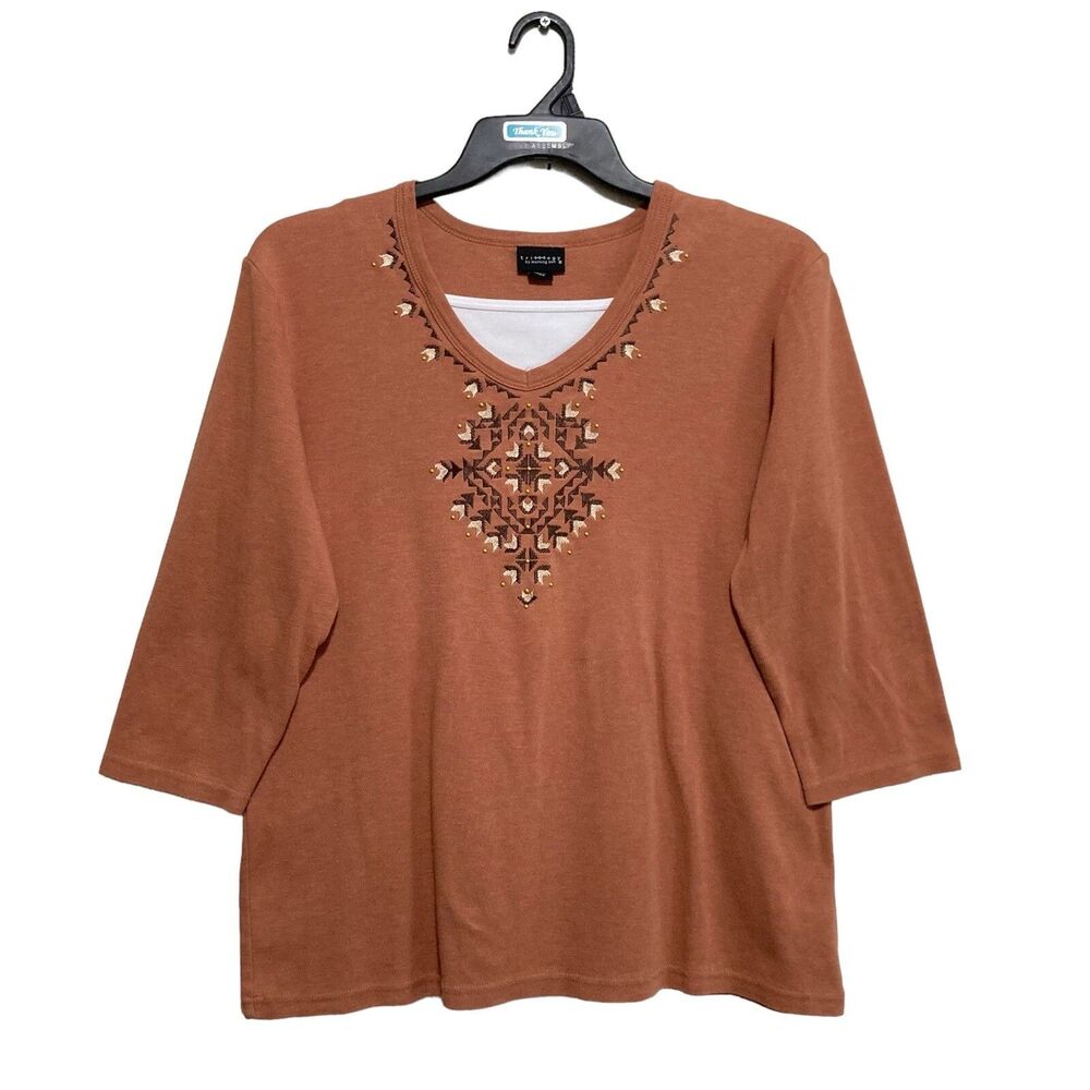Trilogy T-Shirt Top Women Size Large Burnt Orange 3/4 Sleeve Aztec Embroidered
